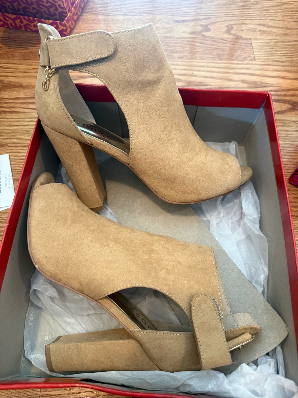 Guess Tan Suede Peep-Toe Block Heel Booties